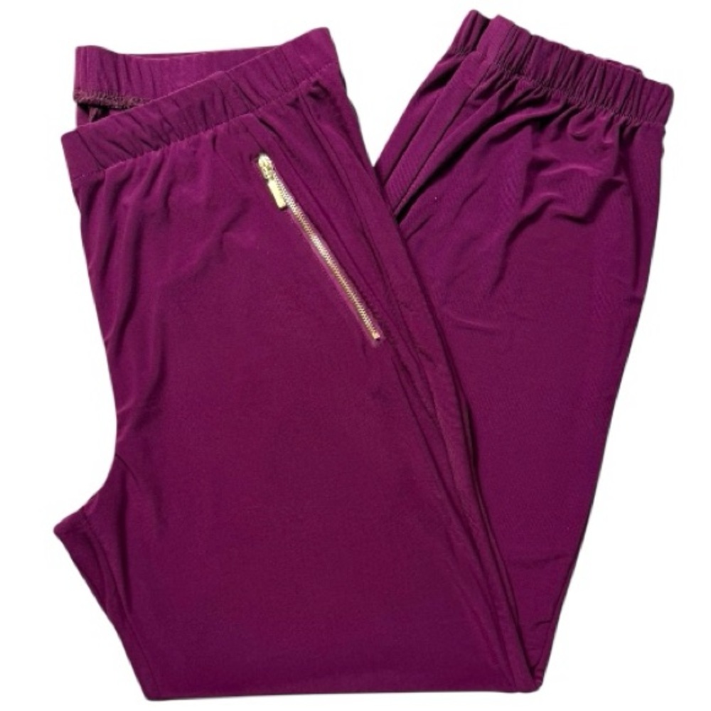 Nina Leonard Magenta Lightweight Joggers Gold Zip Pockets Elastic Cuffs L EUC
